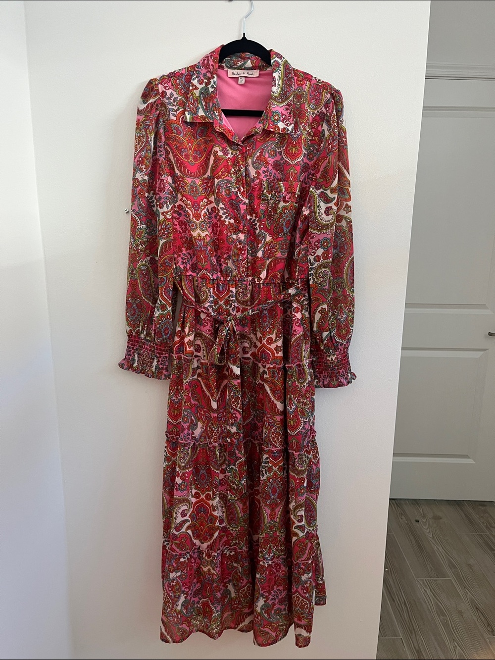 Harlow & Rose Vibrant Pink Paisley Puff Sleeve Tiered Collared Dress (XL) NWT